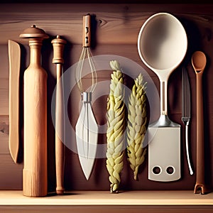 Wooden kitchen tools in rurale house photo