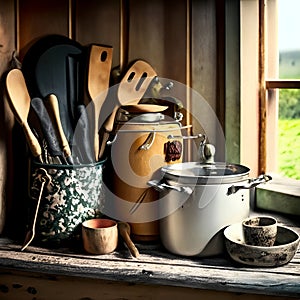 Wooden kitchen tools in rurale house photo