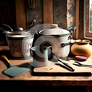 Wooden kitchen tools in rurale house photo