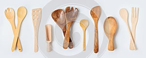 Wooden kitchen utensils collection on white background. Cooking or baking mock up for design