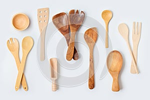 Wooden kitchen utensils collection on white background. Cooking or baking mock up for design
