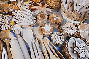 Wooden kitchen utensils at the craft fair stall