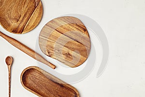 Wooden kitchen utensils. Household tools, traditional cooking, recipes mockup