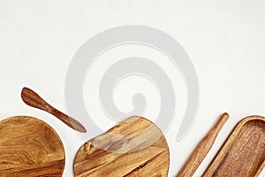 Wooden kitchen utensils. Household tools, traditional cooking, recipes mockup