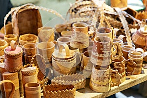 Wooden kitchen utensils in market