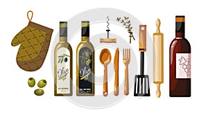 Wooden kitchen utensils set eco isolated on white background. top view