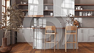 Wooden kitchen in white and beige tones with island and stools. Parquet floor, shelves and cabinets. Farmhouse boho interior