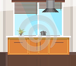 Wooden kitchen with window flat vector illustration