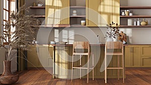 Wooden kitchen in yellow and beige tones with island and stools. Parquet floor, shelves and cabinets. Farmhouse boho interior