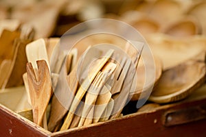 Wooden kitchenware and decorations sold on Easter market in Vilnius