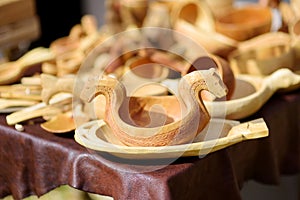 Wooden kitchenware and decorations sold on Easter market in Vilnius. Lithuanian capital`s traditional crafts fair is held every