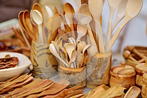 Wooden kitchenware sold on Easter market in Vilnius. Lithuanian capital`s annual traditional crafts fair is held every March on