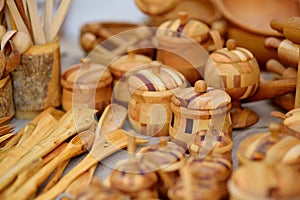 Wooden kitchenware sold on Easter market in Vilnius. Lithuanian capital`s annual traditional crafts fair is held every March on