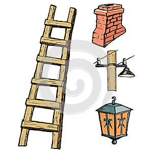 wooden ladder with different vintage objects