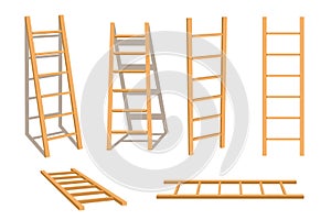 Wooden ladder household tool isolated set stepladder with shadow vector illustration