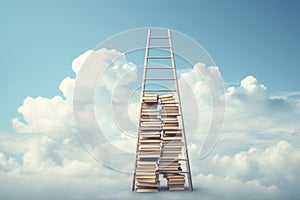 Wooden ladder leading to the sky with books. 3D Rendering, book stack with ladder on sky with clouds backgrou photo