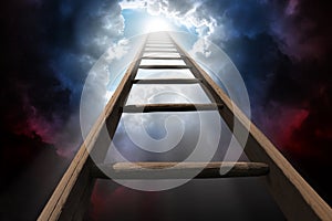 Wooden ladder rise beyond dark clouds leading up to heaven