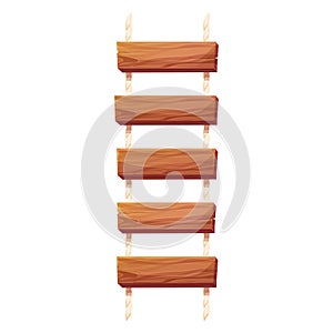 Wooden ladder with rope, planks hanging, staircase in cartoon style isolated on white background, Bridge, game road.