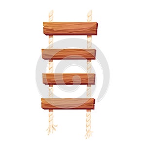 Wooden ladder with rope, planks hanging, staircase in cartoon style isolated on white background, Bridge, game road.