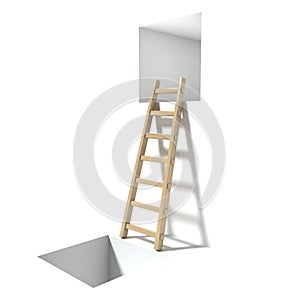 Wooden ladder, window and hole. Abstract hopelessness concept. 3D render
