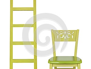 Wooden Ladder and a wooden chair isolated on white background
