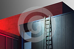 Wooden Ladders Leant Unto Wooden Building Wall, Building On Background Illuminated By Red Light. 3d rendering