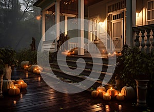 wooden leaf halloween porch fall house pumpkin decoration door holiday. Generative AI.