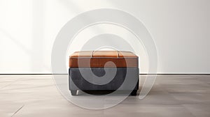 Wooden And Leather Footstool In Front Of Large Window