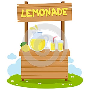 Wooden lemonade stand and lemon juice. Vector illustration