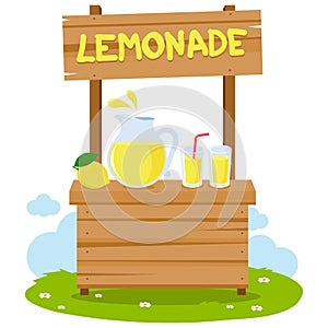 Wooden lemonade stand and lemon juice. Vector illustration photo