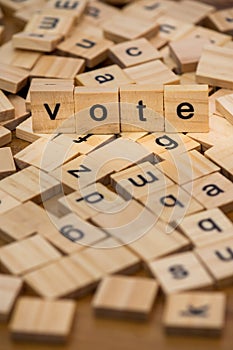 Wooden letters composing the words `vote`