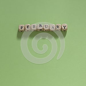 Wooden letters spelling February on a Lime Green background