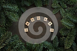Wooden letters with the word January on a dark background. Fir branches. New Year. Winter season.Flat view.Space for