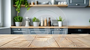 Wooden light empty countertop in Scandinavian minimalist style, flooded natural light, kitchen backsplash in interior