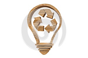 Wooden Lightbulb with Recycle Arrow Sign on white background