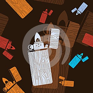 Wooden Lighter Vector Illustration With Dark Background Seamless Pattern