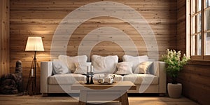 Wooden lining in chalet. Interior design of modern living room