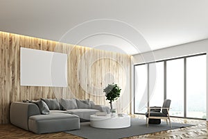 Wooden living room, gray sofa, poster side