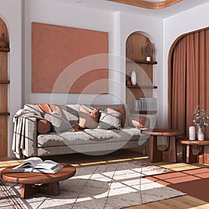 Wooden living room in white and orange tones with parquet floor. Fabric sofa, capet, coffee tables and curtains. Japandi farmhouse