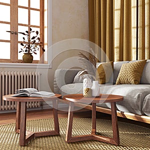 Wooden living room in yellow and beige tones, close-up. Fabric sofa, rattan capet, coffee tables and curtains. Japandi farmhouse