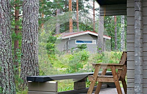 Wooden lodges in forest