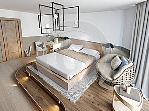 Wooden loft style bedroom with wooden podium for stand bed. Eco design scheme is bright and minimalistic with rotang chair and