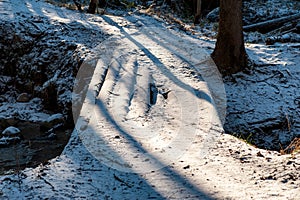 Wooden log bridge over the stream in winter