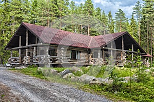 A wooden log cabin in pine forest