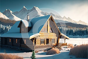 Wooden log cabin with snowy gable roof, at the base of the mountains. Concept of tourism. Generative AI illustration
