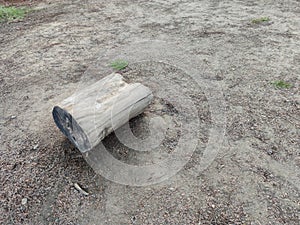 Wooden log chair on the ground.