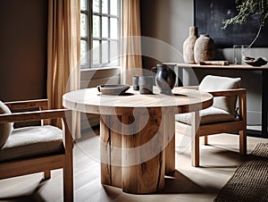 Wooden log dining table and armchairs near it. Organic interior design of modern living room in country house. Created with