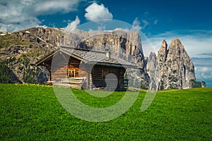 Wooden log house on the green field in Dolomites