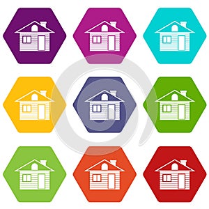 Wooden log house icon set color hexahedron