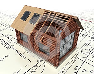 Wooden log house on the master plan.